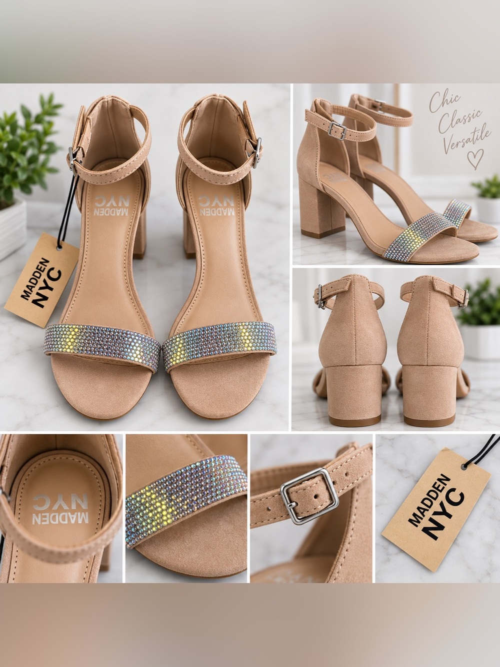 Madden NYC Nude Suede Block Heel Sandals with Iridescent Strap NWT size 6